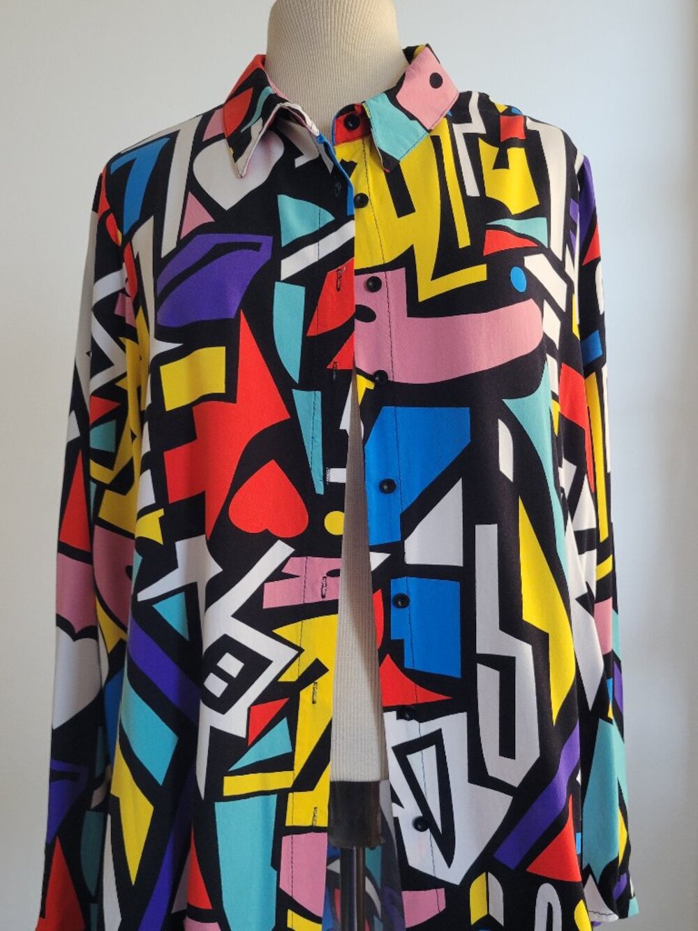 Big Dart Colorful Abstract Pop Art Button-Up Blouse, Women's Size 16, 100% Visco